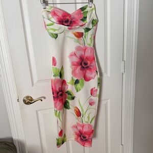 White Floral Strapless Midi Dress with Pink Flowers VA VA VOOM medium